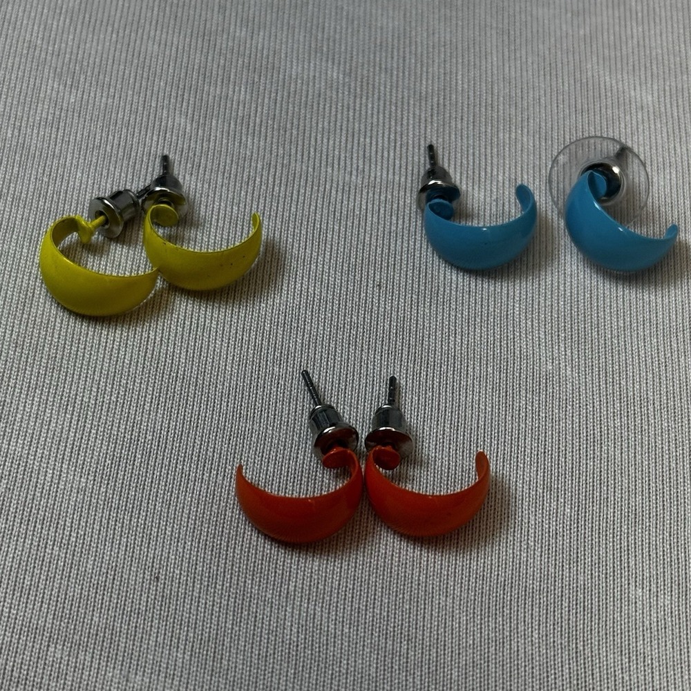 Set of 3 Enamel Crescent J-Hoop Stud Earrings Yellow‎ Blue Orange Minimalist